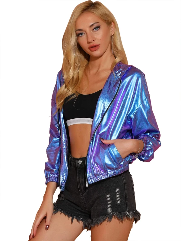 Allegra K Women's Holographic Party Shimmering Shiny Lightweight Zipper Hooded Metallic Jacket, Blue Purple, XS