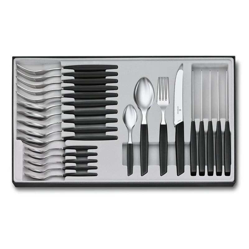 VICTORINOX Swiss Modern Cutlery Set for 6 People, 24 Piece, incl. Sharp Serrated Knives, Plastic Handles, Black