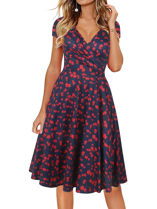 oxiuly Women's Casual Dresses Criss-Cross V-Neck Floral Flare Midi Summer Dress Women's Clothing OX233, Red Floral, M