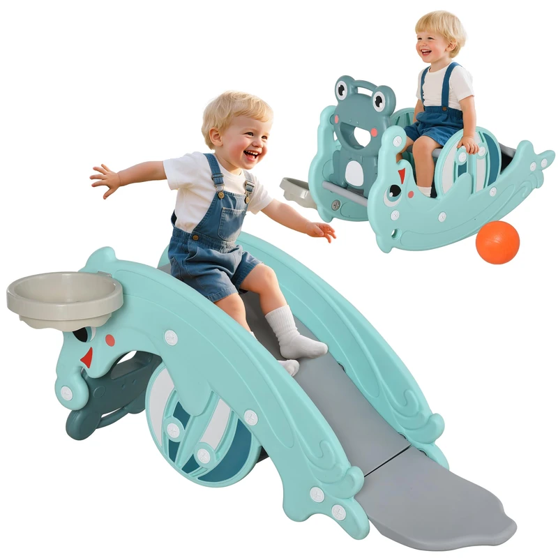 HOMCOM 3-in-1 Baby Rocking Horse, Slide and Basketball Hoop