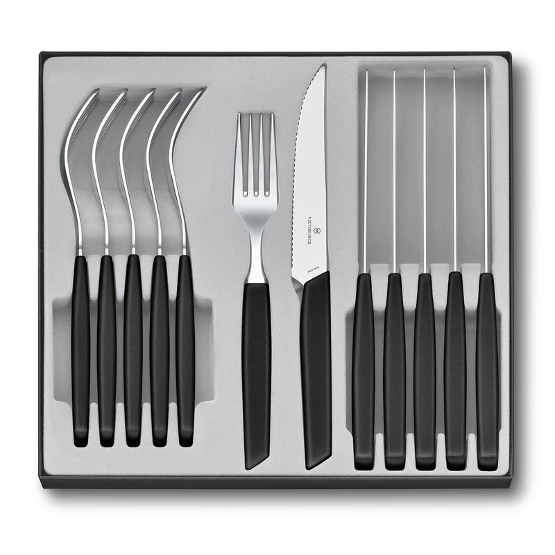 Victorinox Modern Cutlery Set for 6 People, Set of 2, Includes Sharp Steak Knife, With Wavy Edge, Plastic Handle, Black