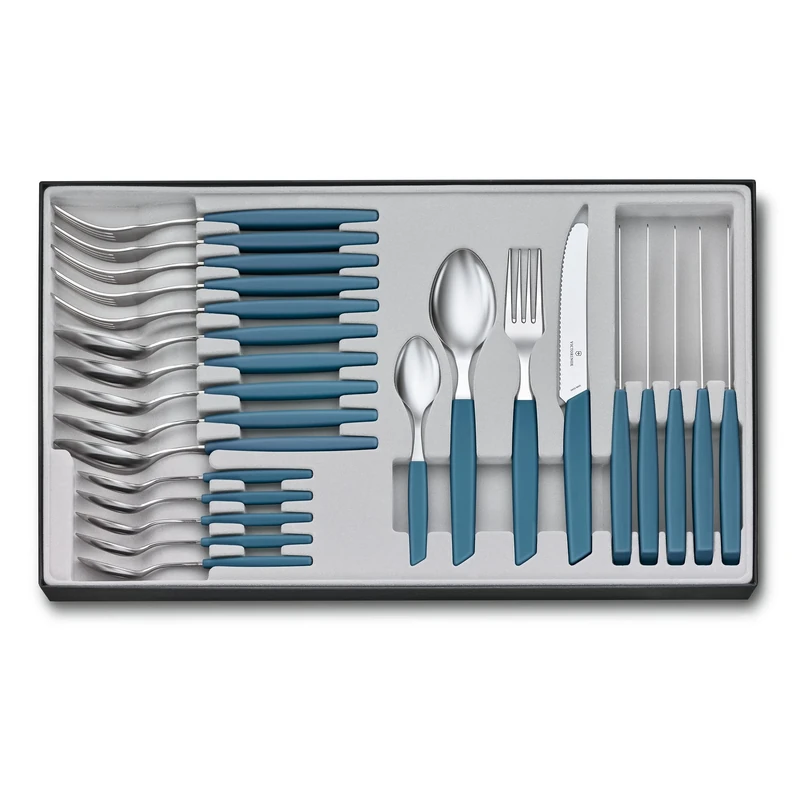 Victorinox Swiss Modern 24 Piece Cutlery Set, Table Knife, Dinner Fork, Table Spoon, Coffee Spoon, Blue Stainless Steel