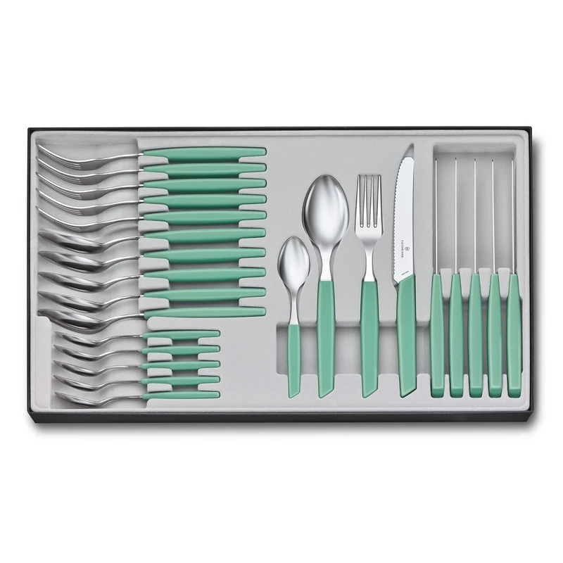 VICTORINOX Swiss Modern Cutlery Set for 6 People, 24 Piece, incl. Sharp Serrated Knives, Plastic Handles, Mint Green