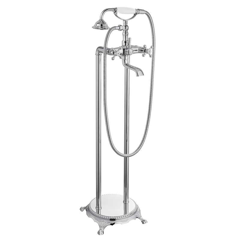 Cinwiny Polished Chrome Bathtub Floor Mounted Freestanding Faucet Tub Filler with Handheld Shower Spray Double Cross Knobs Telephone Shape High Flow Bathroom Mixing Tap