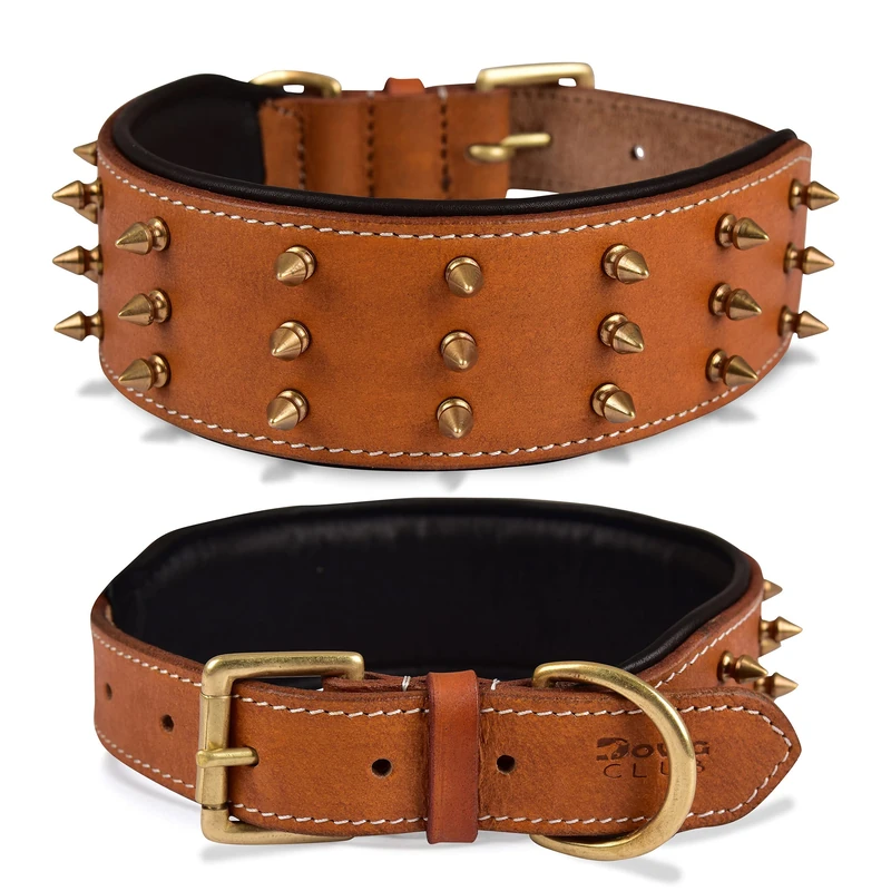 DowgClub | Genuine Leather Spike Dog Collar | Full Grain, Heavy Duty | Padded, Comfortable, Strong, Best for Large, X-Large Breeds | 2" Wide (L (Fit Neck Size 18.5"-22.5"), Brown - Gold Spikes)