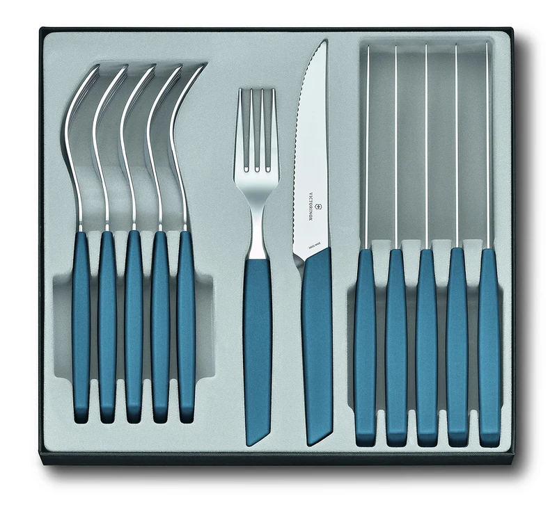 Victorinox Modern Cutlery Set for 6 People, Set of 2, Includes Sharp Steak Knife, With Wavy Edge, Plastic Handles, Cornflower Blue