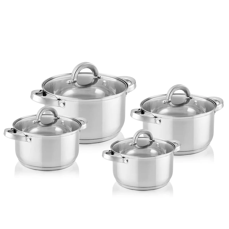FLORINA Claude Cookware Set of 8 High-Quality Stainless Steel Induction Pots Set with Glass Lid for Induction Cookers, Gas Stoves and Electric Hobs