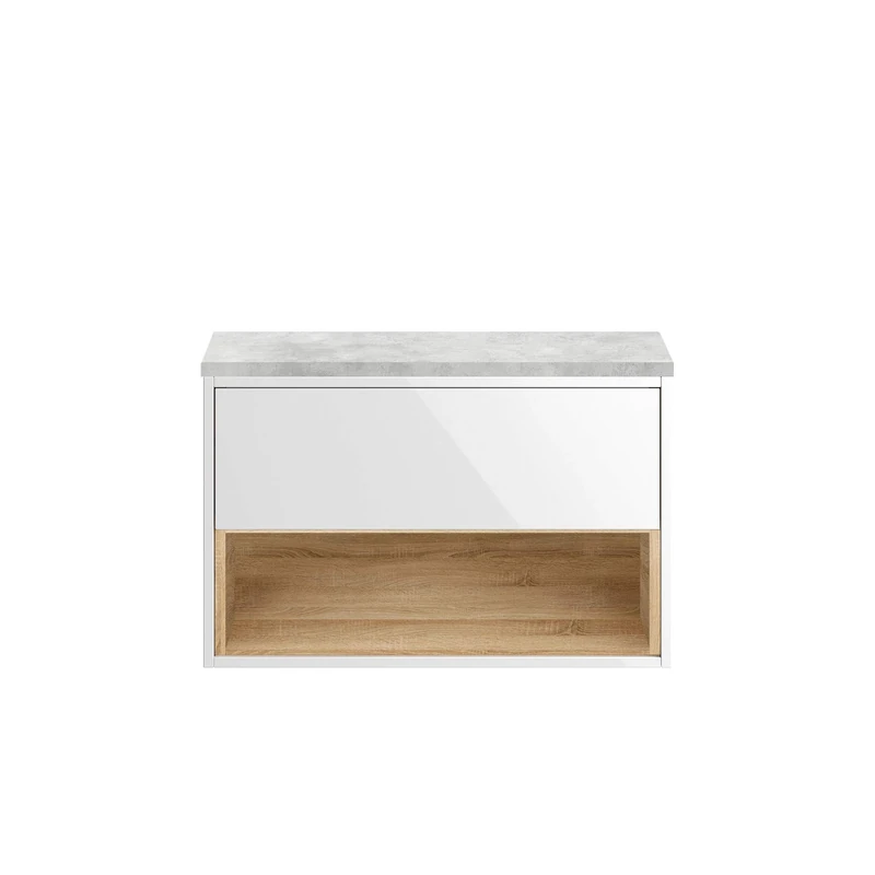 Hudson Reed CST988LBG Coast | Modern Bathroom Wall Hung Vanity Unit with 1 Soft Close Drawer and Grey Worktop, 800mm, Gloss White/Natural Oak/Grey