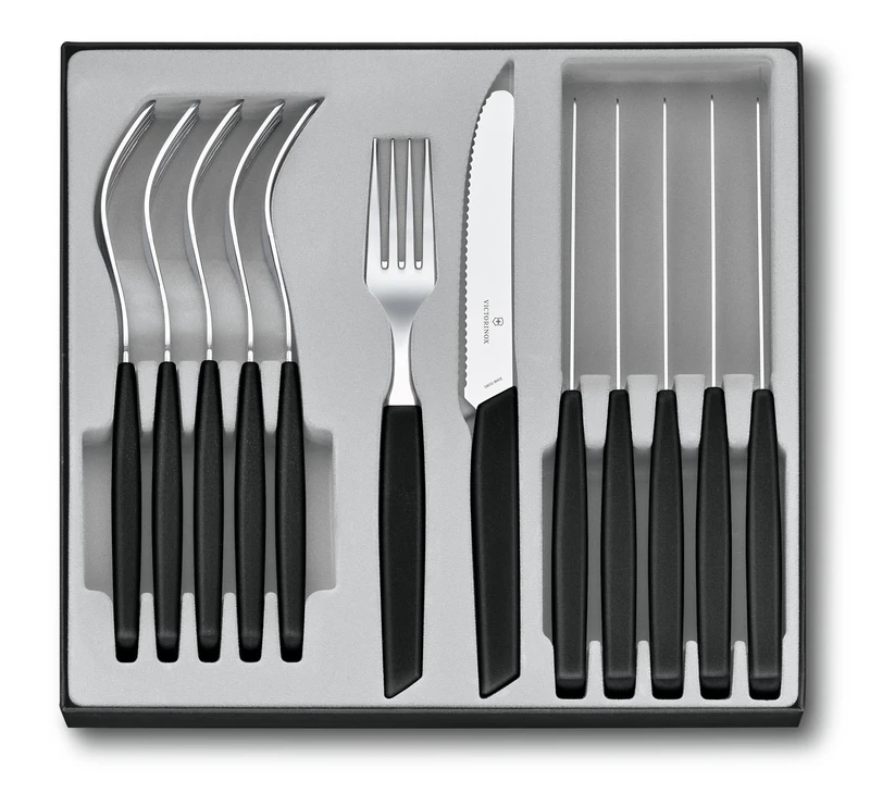 Victorinox Modern Cutlery Set for 6 People, Set of 2, Includes Sharp Knives, With Wavy Edge, Plastic Handle, Black
