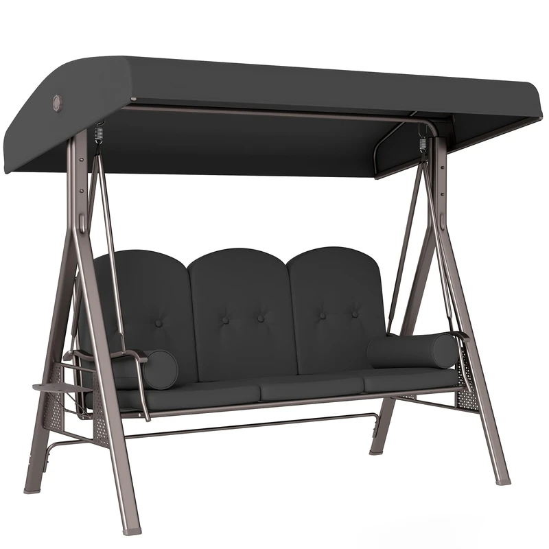 Outsunny 3 Seater Garden Swing Chair Outdoor Hammock Bench w/Adjustable Canopy, Cushions and Cup Trays, Brown Steel Frame, Dark Grey Fabric