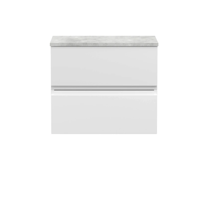 Hudson Reed URB104LBG Urban | Modern Bathroom Wall Hung Vanity Unit with 2 Soft Close Drawers and Grey Worktop, 600mm, Satin White