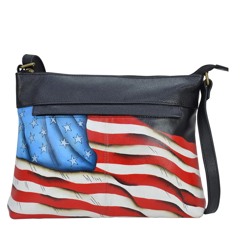 Anna by Anuschka Handpainted Leather Medium Cross Body, Stars and Stripes Black - Image 1