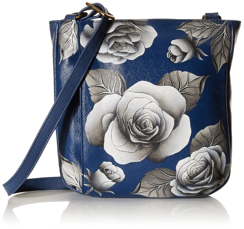 Anna by Anuschka Women's Anuschka Leather Medium Crossbody Handbag-Hand Painted Exterior-Romantic Rose Blue, One Size