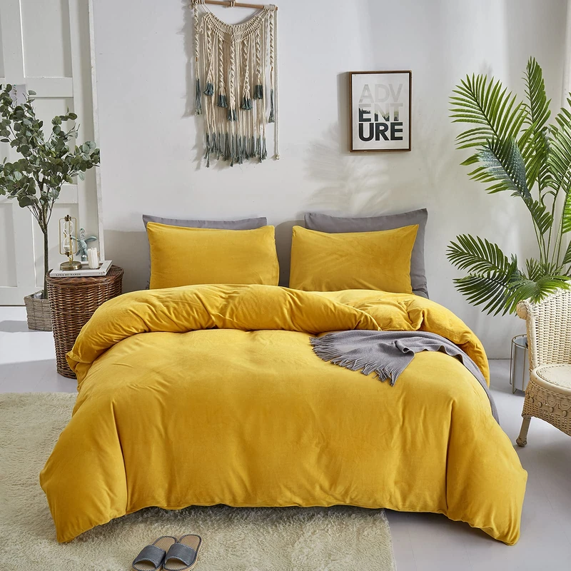 Wellboo Mustard Yellow Velvet Comforter King Size Solid Fluffy Turmeric Bed