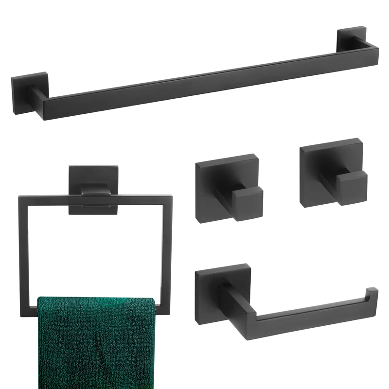 KOKOSIRI Bath Towel Bar Set Bathroom Hardware Accessories Set Toilet Paper Holder Towel Holder Towel Ring Coat Hook Wall Mount Stainless Steel, Matte Black, B09A5-BK