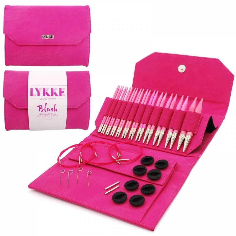 Lykke Interchangeable Circular Knitting Needle Set 5in Tips Birchwood Blush Denim - Fuchsia Denim Effect