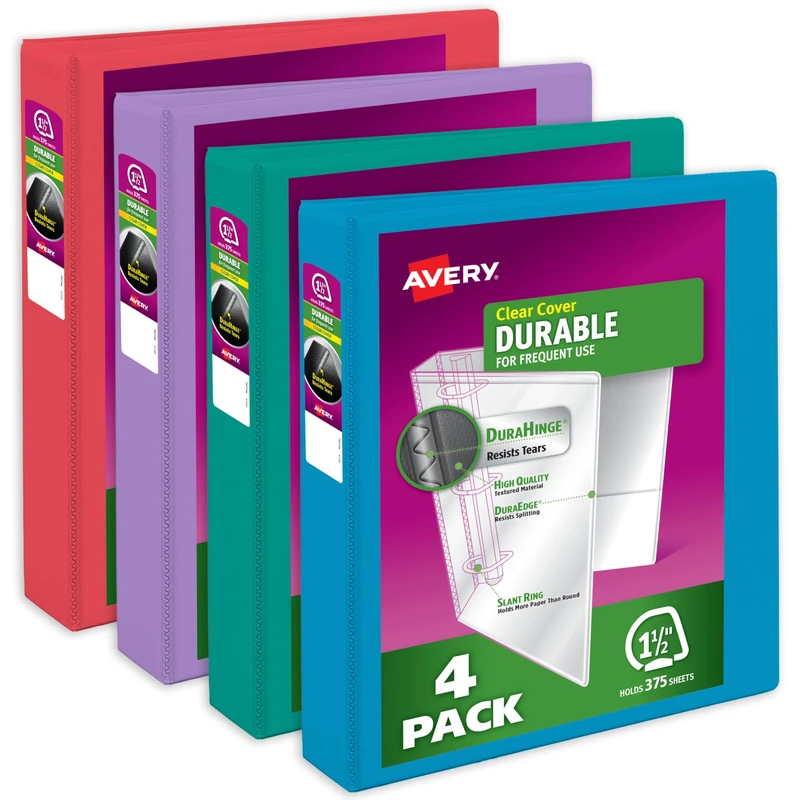 Avery Durable View Binder Multipack, 1.5 Inch 3 Ring Binder, Assorted Colors, 4 Pack (05687)