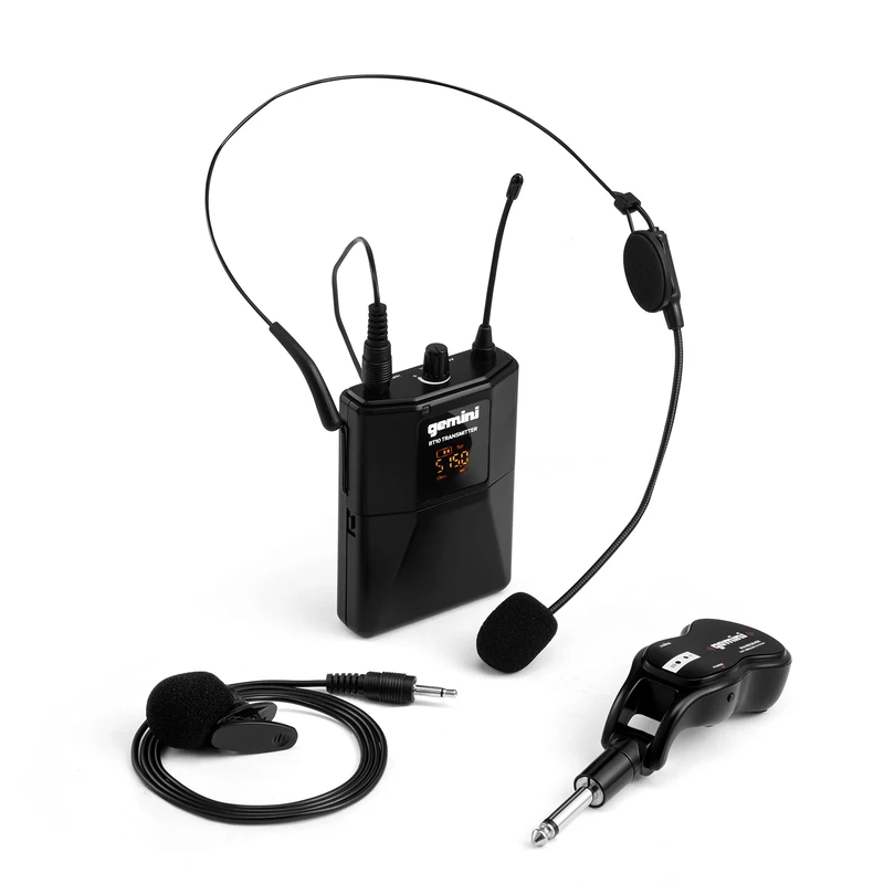 Gemini Sound GMU-HSL100 Professional Wireless Headset and Lavalier Microphone System with Rechargeable Receiver, Instant Plug & Play Connectivity for DJs, Singers, Public Speakers with Body Pack