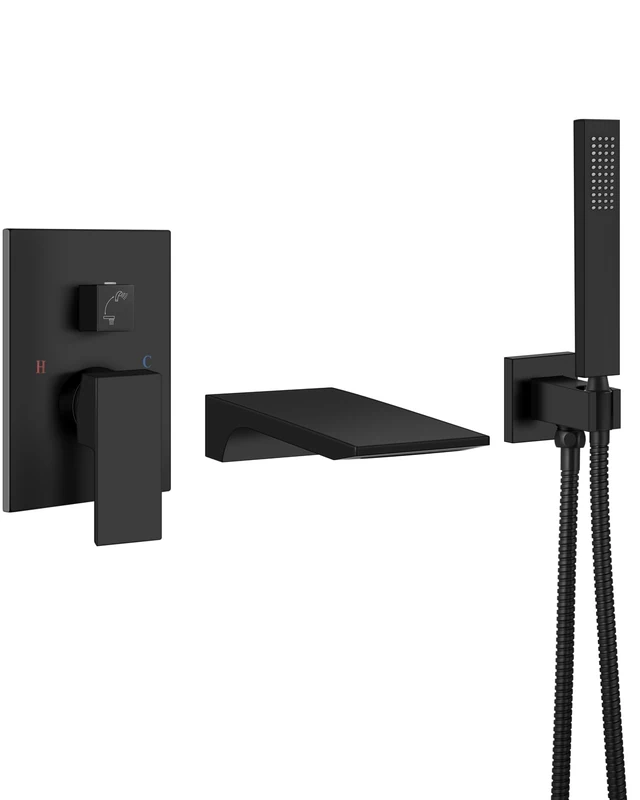 Aolemi Wall Mount Bathtub Faucet Wall Mounted Waterfall Tub Faucet Tub Filler with Handheld Sprayer Single Handle Solid Brass Rough-in Valve,with Single Mode Showerhead,Matte Black