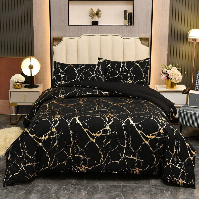 Holawakaka Gold Metallic Marble Comforter Set Queen Size Foil Print Glitter Bedding Sets,Black/Gold,Queen