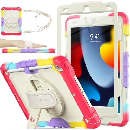 SEYMAC stock Case for iPad 9th/8th/7th Generation (10.2 Inch) 2021/2020/2019, Heavy Duty Shockproof with Screen Protector, 360° Rotating Stand/Hand Strap, Pencil Holder & Shoulder Strap, Camo+Red