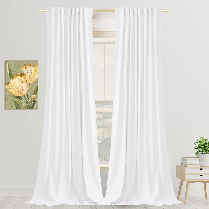 SNITIE White 108 in Long Velvet Curtains with Back Tab and Rod Pocket Thermal Insulated Soft Privacy Light Filtering Velvet Drapes for Bedroom and Living Room, Set of 2 Panels, 52 x 108 Inches Long