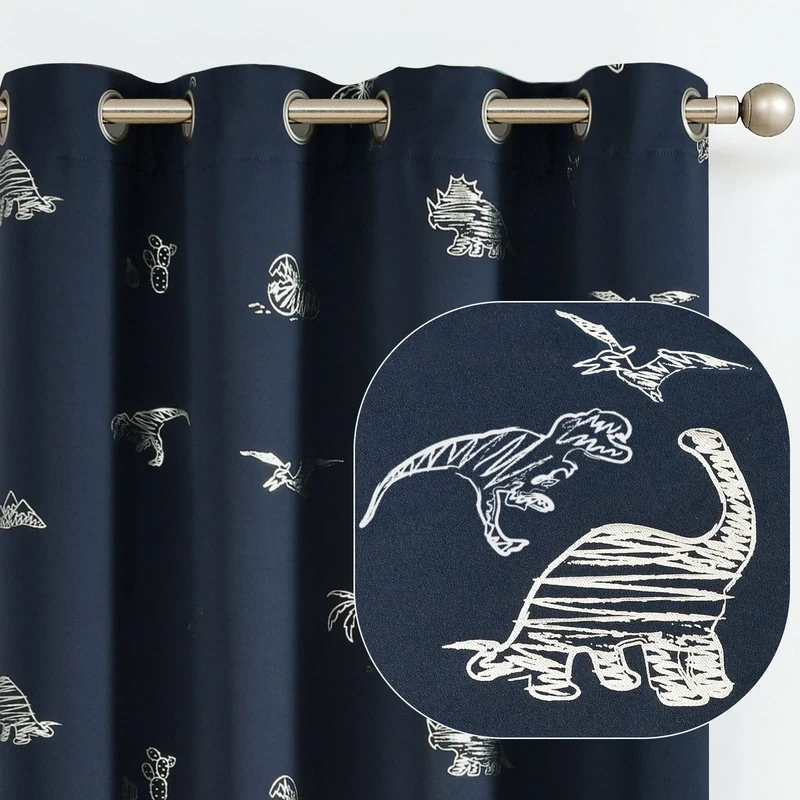 Vangao Navy Blue Blackout Curtains Dinosaur Curtains for Boys Kids Nursery Girls Room Silver Dino Foil Print Thermal Insulated Grommet Top Window Drapes 84 Inches Long 2 Panels