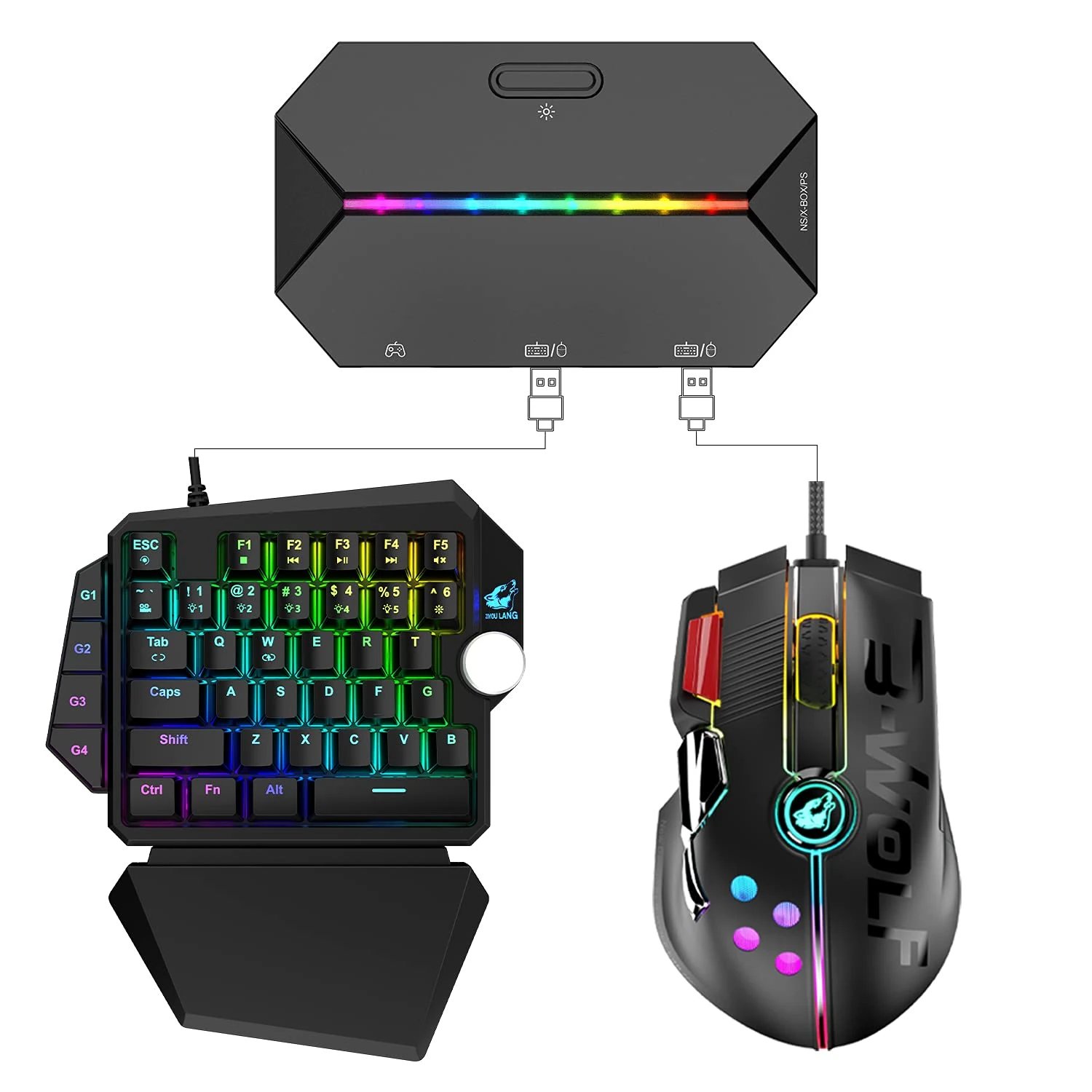 USB Wired RGB Mechanical Gaming Keyboard+Joystick Gaming Mouse 12 Buttons 12000 DPI+Backlit Gaming Controller Converter, TYPE-C LED Adapter/Converter Compatible with PS4/Xbox/Switch+Mouse Pad(Black)