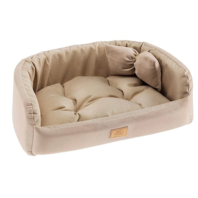 Ferplast Padded Bedding for Dogs and Cats HARRIS 50 Washable, with Cushion, Tweed and Velvet, Beige, 50 x 35 x 15 cm