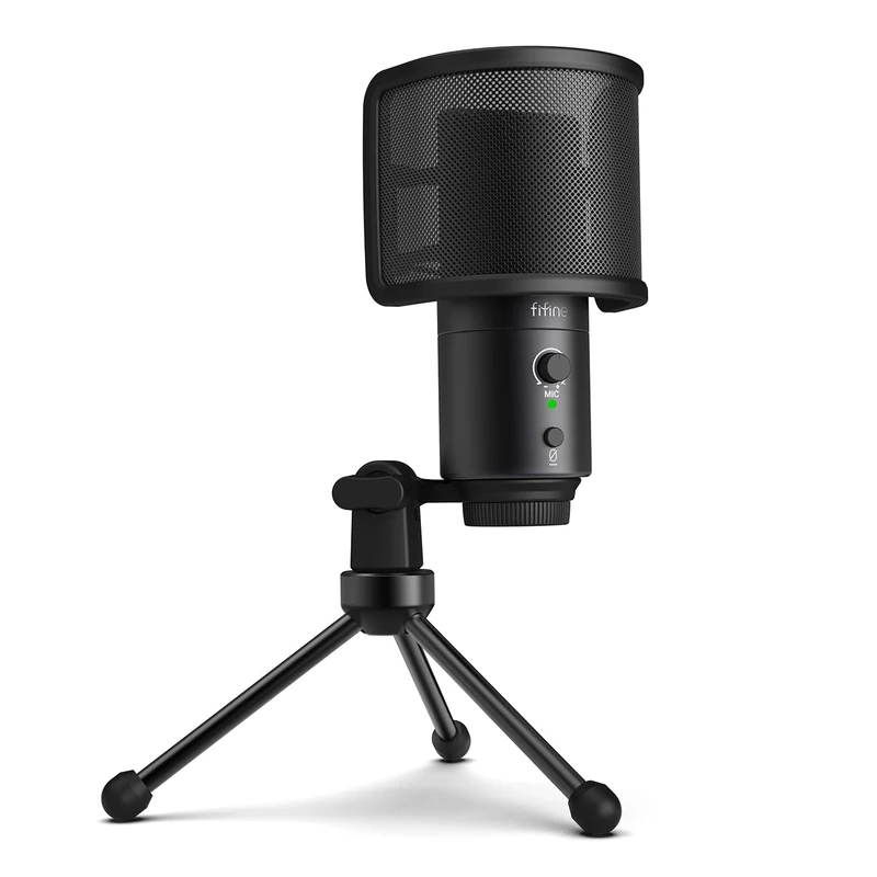 FIFINE Microphone PC Condenser, Type A/C USB Microphone for Mac PS4 PS5, Microphone with Stand, Pop Filter, Mute Button, Headphone Jack