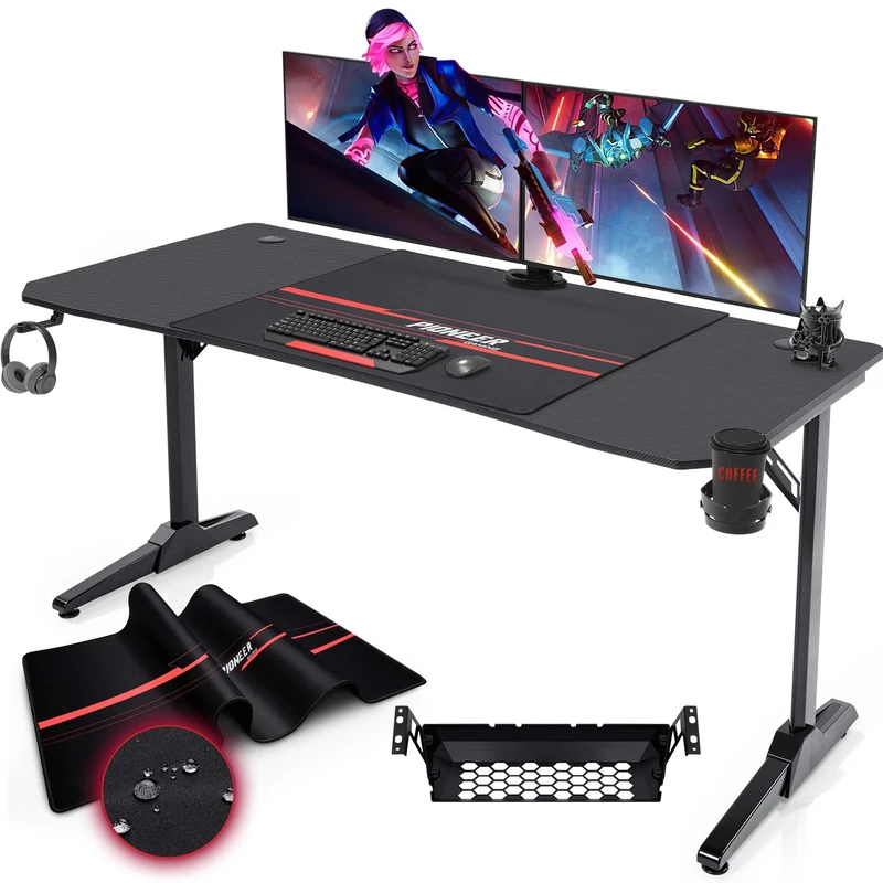 Devoko Gaiming Table 140 cm Gaming Desk Gamer Computer Desk Ergonomic PC Desk with Cable Storage Box, Drink Holder and Headphone Holder T-shaped (Black, 140 x 60 x 75 cm)
