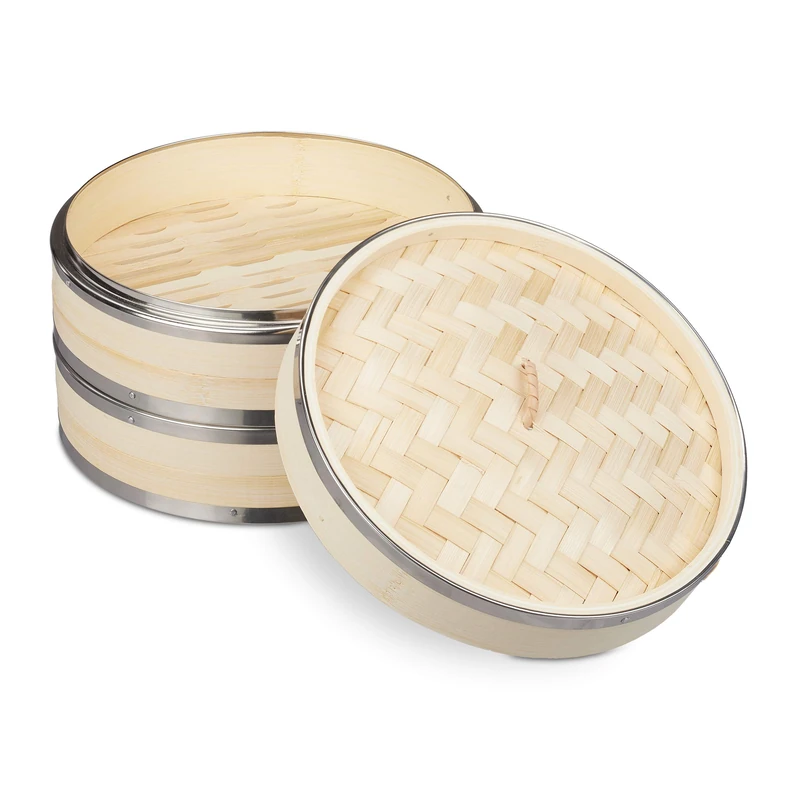 Relaxdays 10031462 Bamboo, 2 Levels with Metal Rings, Asian Steamer Basket for Rice, Dim Sum, Vegetables, Diameter 25.5 cm, Natural Tier, Cooker, Pot, Ø25.5cm