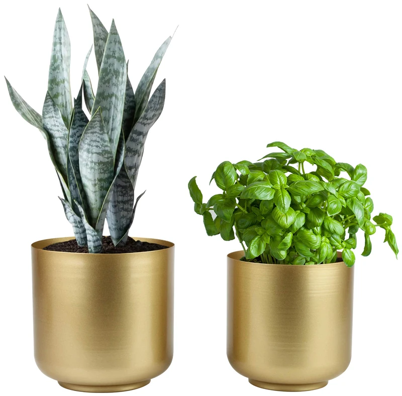 Vixdonos Large Gold Planters Metal Aloe Brass-Tone Plant Pots Indoor Decorative Flower Pots with Drain Holes(8+7.1Inch) - Image 1