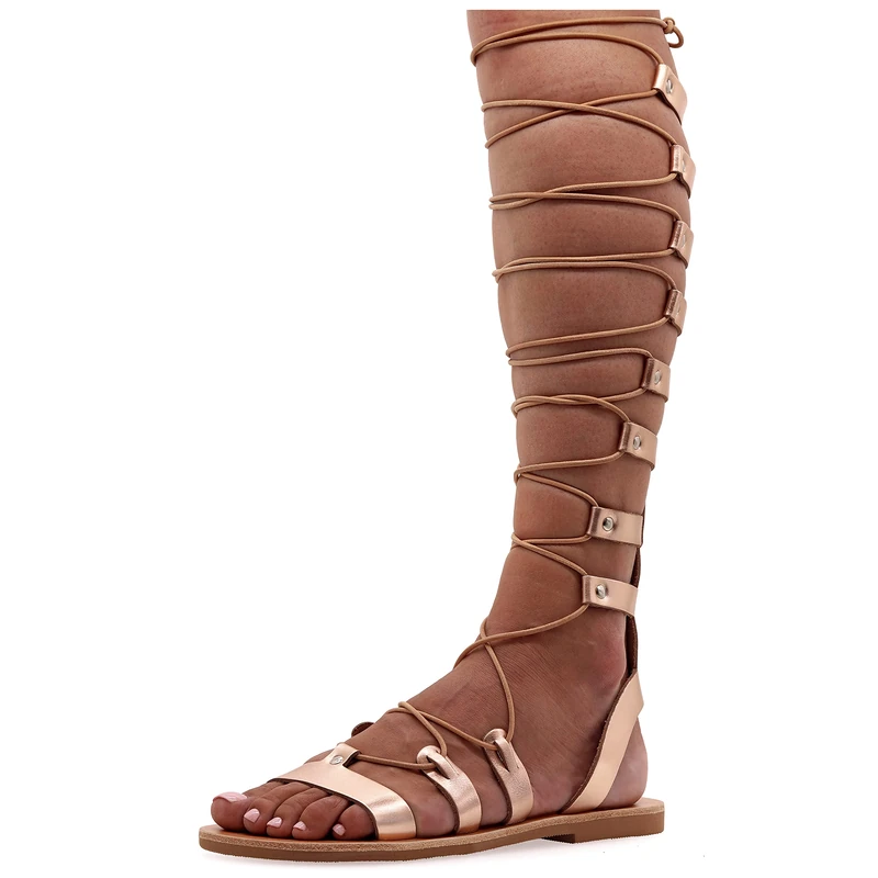 Size 9 Rose gold Emmanuela Ancient Greek Style Knee High Leather Sandals, Handmade Open Toe Flat Gladiator Sandals, Quality Tie up Strappy Summer Shoes for Women, Boho Chic Sandals