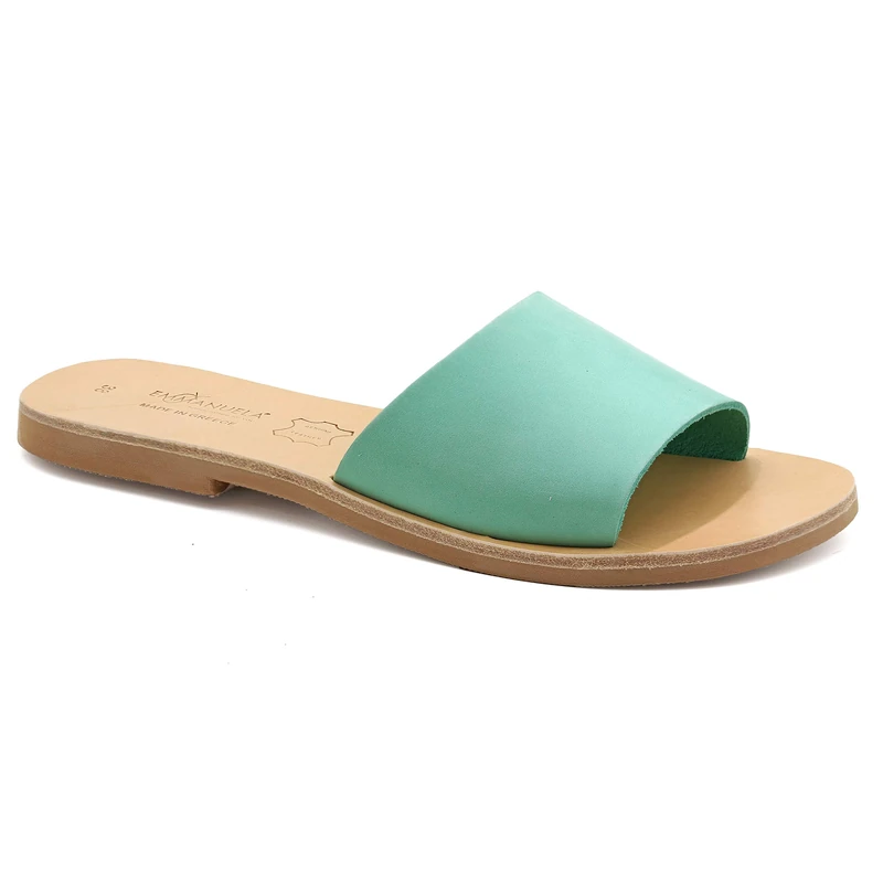 Size 4 Mint Emmanuela Greek Handmade Leather Flat Sandals, Quality Slide on Simple Sandals, Quality Slide on Summer Shoes for Women, Open Toe Sliders, Boho Chic Mules