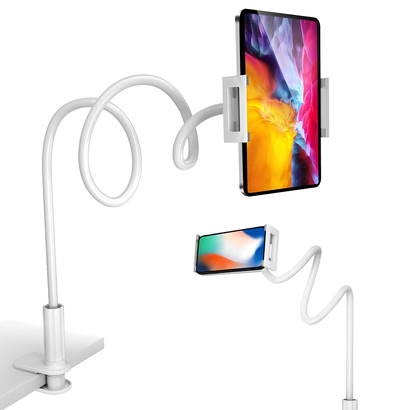 Phone Holder for Bed,360 Flexible Lazy Tablet Holder for Bed,with Adjustable 39.4" Long Arm Clamp Bracket Mount Phone Stand for 4.7~10.5" iPhone/iPad Air/Pro/mini/Tablet/Switch,White