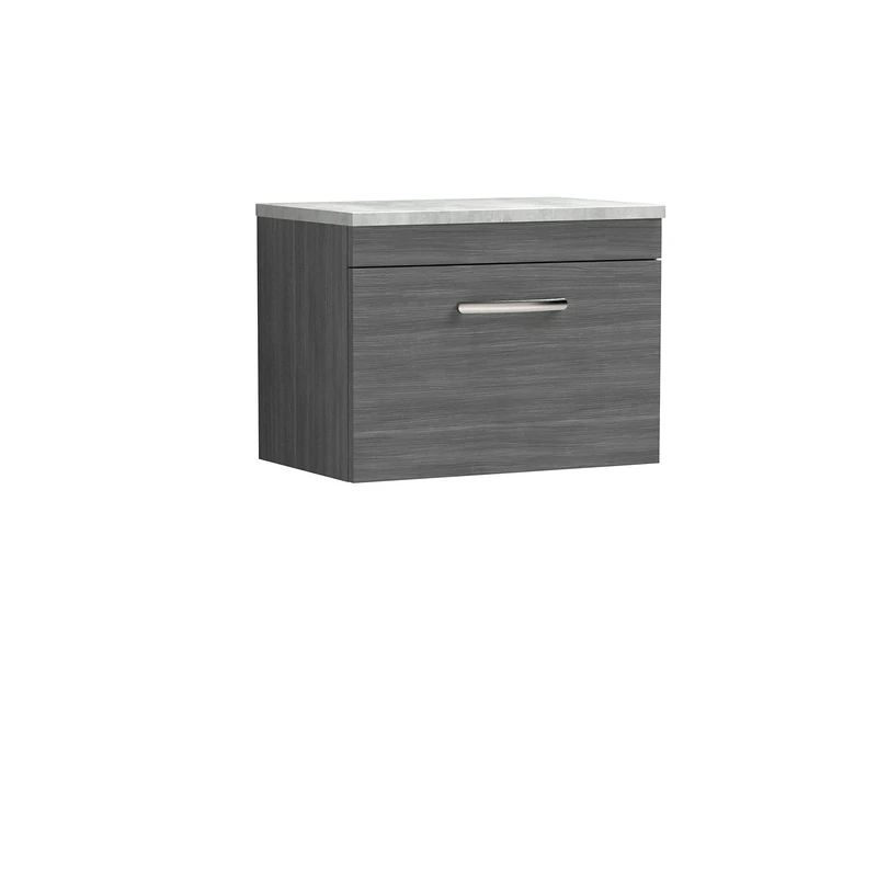 nuie ATH039LBG Athena | Modern Bathroom Wall Hung Vanity Unit with 1 Soft Close Drawer Worktop, 600mm, Anthracite Woodgrain