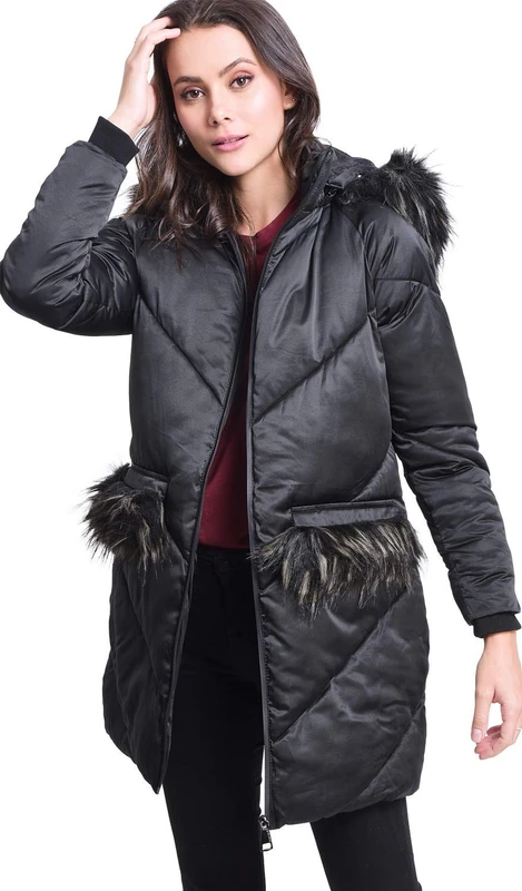 Bonamaison Women's Long Puffer Jacket with Faux-Fur Panel T-Shirt, Black, XXL