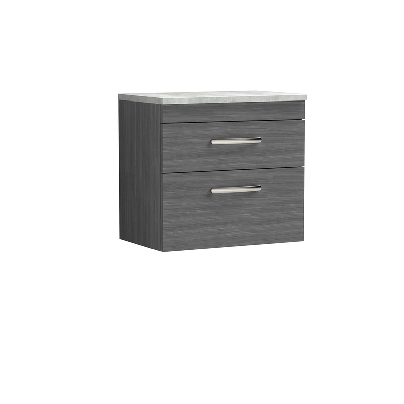 nuie ATH046LBG Athena | Modern Bathroom Wall Hung Vanity Unit with 2 Soft Close Drawers Worktop, 600mm, Woodgrain Anthracite