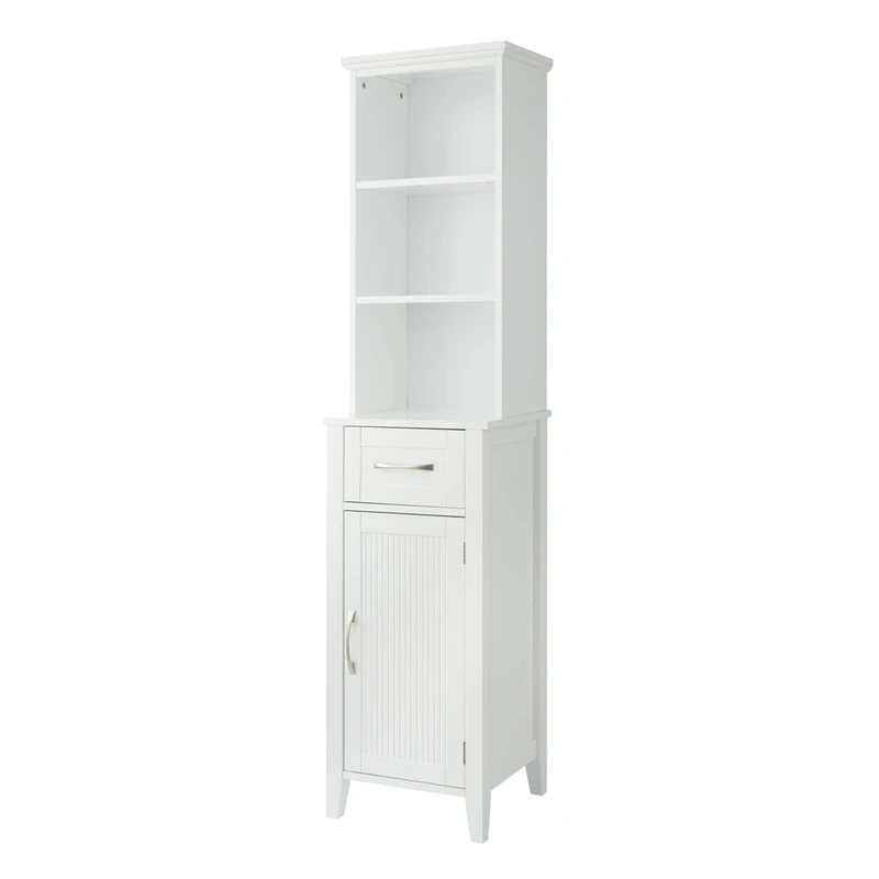 Teamson Home Wooden Bathroom Furniture Tall Cabinet Free Standing Linen Tower Shelves & Drawer White EHF-F0006