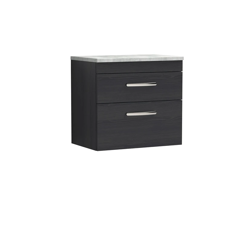 nuie Modern Bathroom Wall Hung 2 Soft Close Drawers Vanity Unit with Grey Worktop, Hacienda Black, 600mm