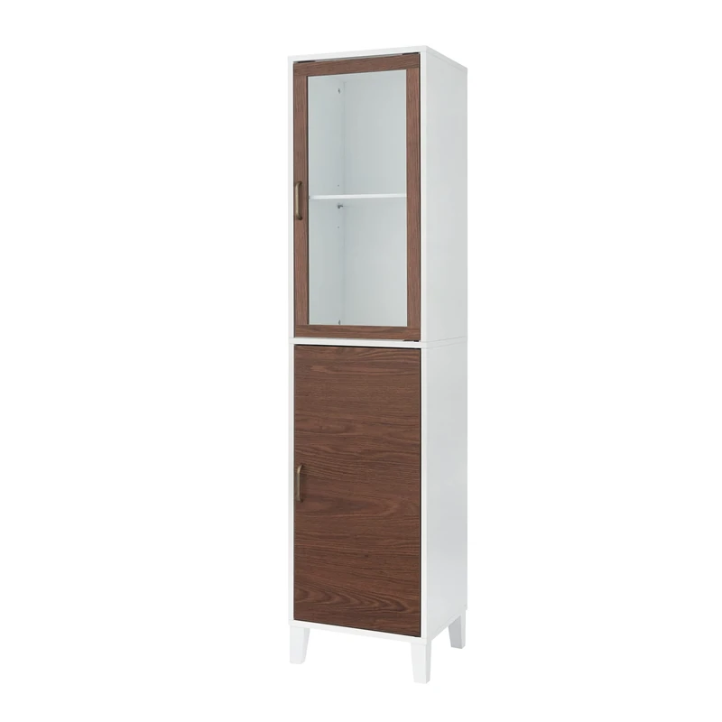 Teamson Home Tyler Wooden Bathroom Linen Tower Floor Tall Cabinet 33 cm x 38.2 cm x 160 cm Glass Door 2 Tone White/Brown EHF-F0009