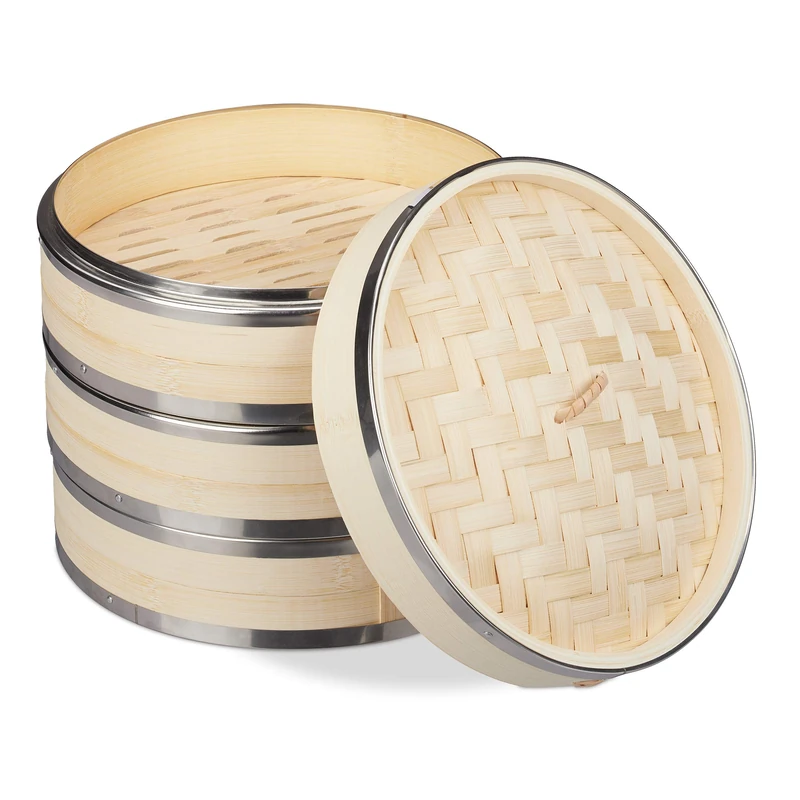 Relaxdays Bamboo Steamer, 3 Tier, Metal Rings, Asian Cooker, for Rice, Dim Sum, Vegetable, Basket, Pot, Ø24cm, Natural
