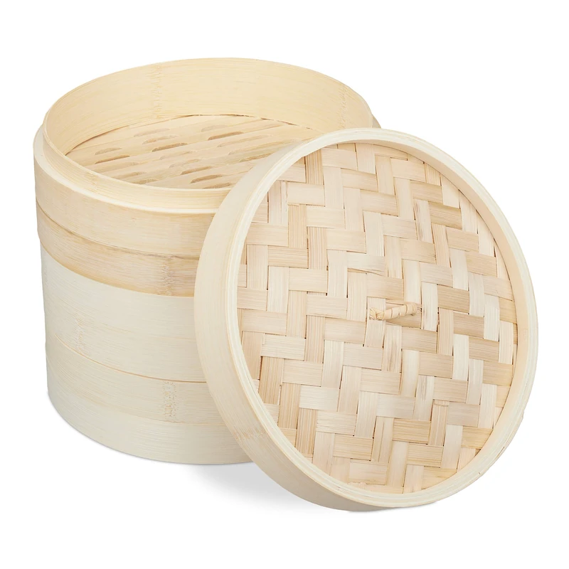 Relaxdays Bamboo Steamer, 3 Tier, Traditional, Asian Cooker, for Rice, Dim Sum, Vegetable, Basket, Pot, Ø24cm, Natural