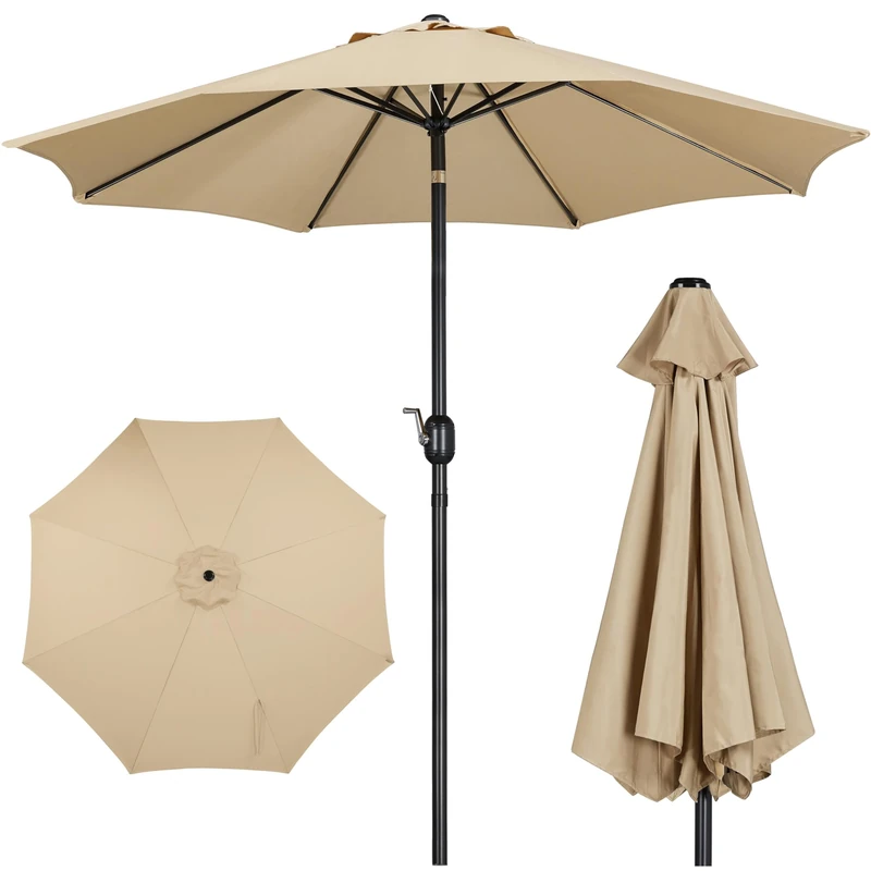 Yaheetech Garden Parasol Umbrella 2.7M Patio Umbrella Outdoor Sun Shade Crank Handle & 8 Metal Ribs for Garden/Backyard/Deck -Tan