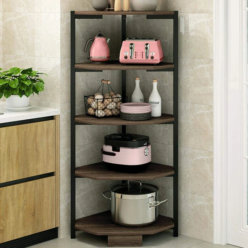 BAKAJI Corner Shelf 5 Shelves Metal Structure Wood Shelves Bookcase Corner Shelving Multipurpose Kitchen Cabinet Bathroom Size 40 x 40 x 120 cm Modern Industrial Design (Black)