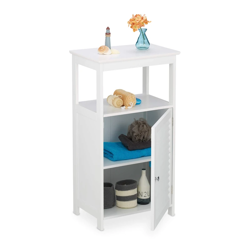 Relaxdays Bathroom Cabinet, Free Standing, Wooden, Bamboo, Storage, 3 Shelves, Cupboard, HxWxD: 83 x 45 x30cm, White