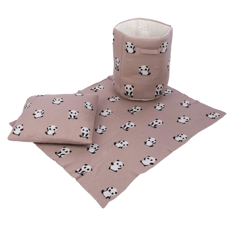 Penguin Home Set of Blanket 81x101 CM with Basket 35x41 CM and Cushion 45x45 CM, 100% Cotton, Blanket for Sofa Settees, Fluffy Sofa Throws, Warm, Cozy, Plush and Lightweight Panda Print Blanket set.