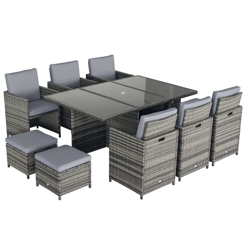 Outsunny 10 Seater Rattan Cube Garden Furniture Set with Parasol Hole, Rattan Dining Set with Cushions, Outdoor Dining Table and Chairs with Rectangular Glass Top Table for Patio, Mixed Grey