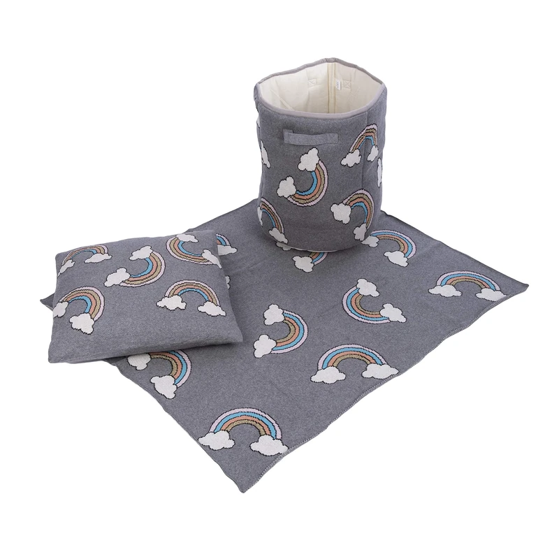Penguin Home Set of Blanket 81x101 CM with Basket 35x41 CM and Cushion 45x45 CM, 100% Cotton, Blanket for Sofa Settees, Fluffy Sofa Throws, Warm, Cozy, Plush and Lightweight Rainbow Print Blanket set.